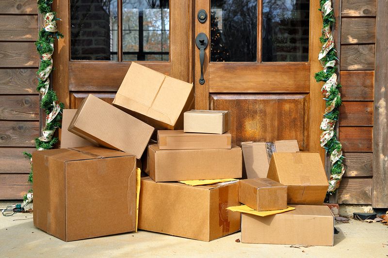 Double front doors decorated with holiday garland and a large pile of cardboard boxes on the ground.