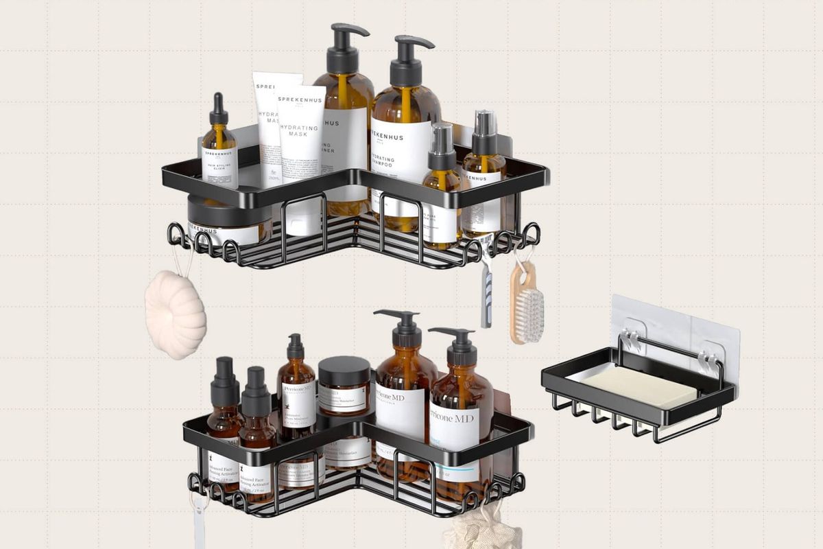 The Yasonic Corner Adhesive Shower Caddy in black against a plain beige background. It comes with two corner caddies, a soap holder, and 12 adhesive hooks. There are multiple colors to choose from but pictured here is the black option.