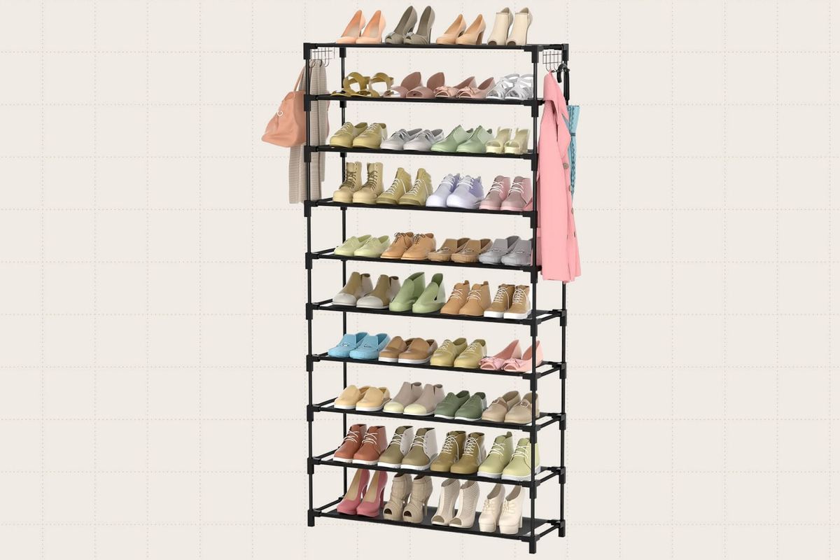 The Lanteful 10-Tier Shoe Rack, which can store up to 50 pairs of adult shoes. It also has 10 hooks for hanging keys, umbrellas, bags, etc.