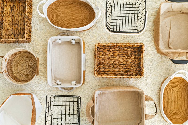 An overhead shot of 11 different baskets of various shapes, sizes, and materials.