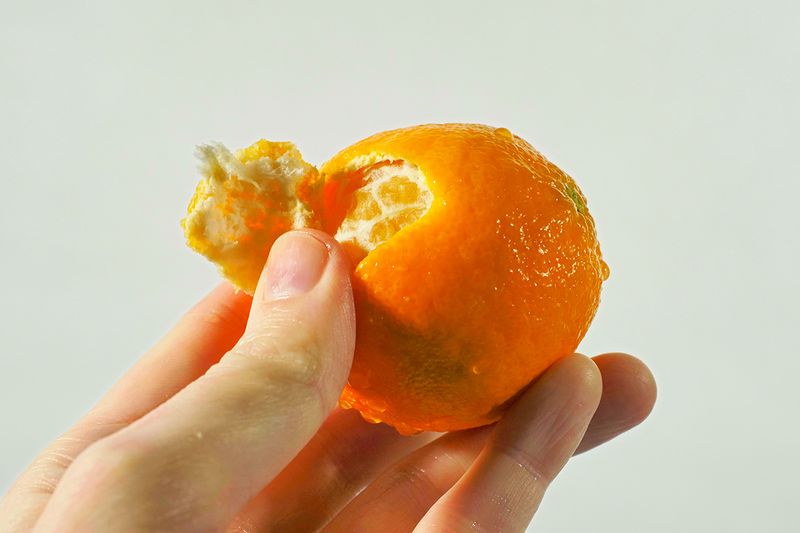 A close-up of a hand holding a slightly peeled orange against a grayish backdrop.