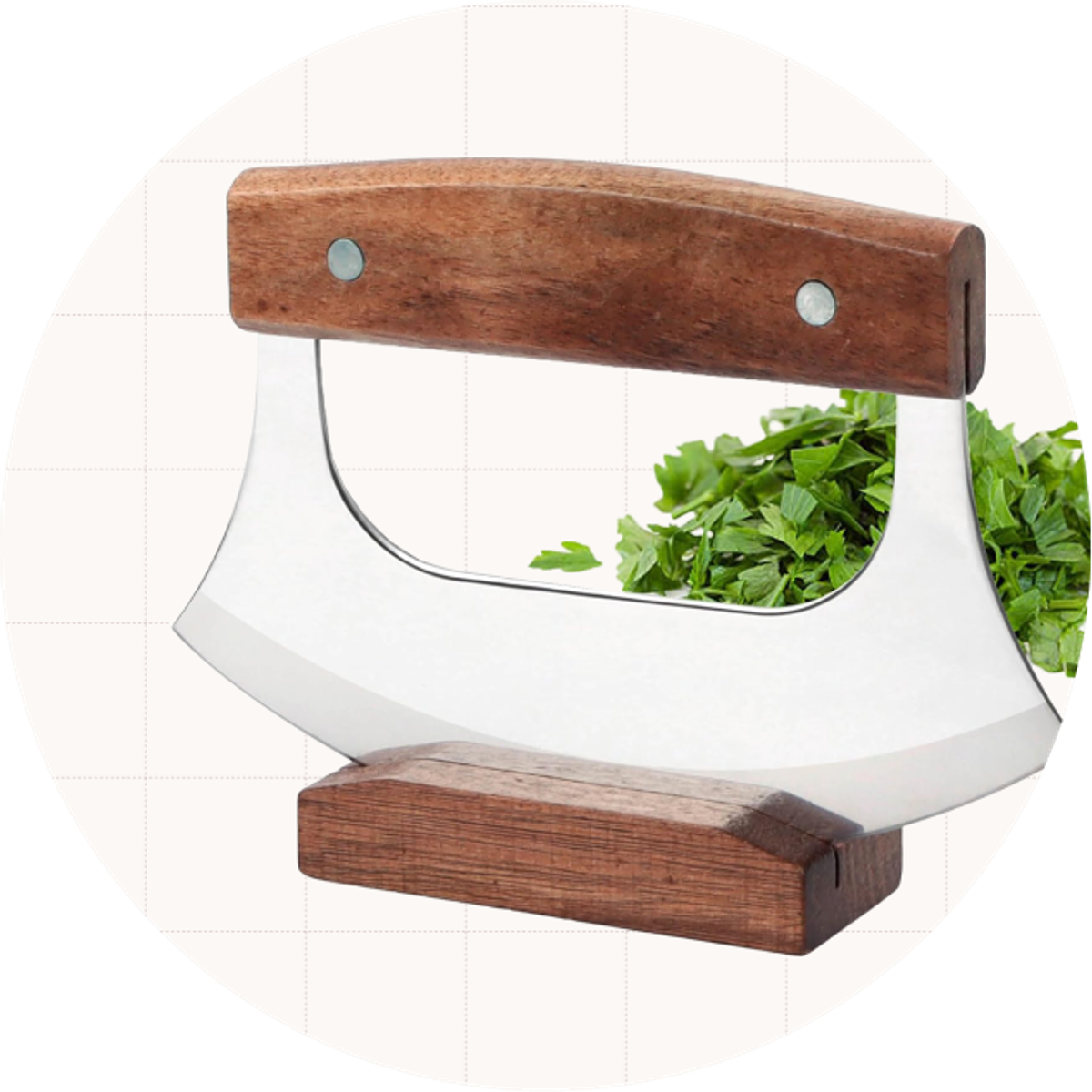 The KAYCROWN Ulu Knife, which has a wooden handle and a rocker blade. It comes with a wooden stand to keep the blade protected.