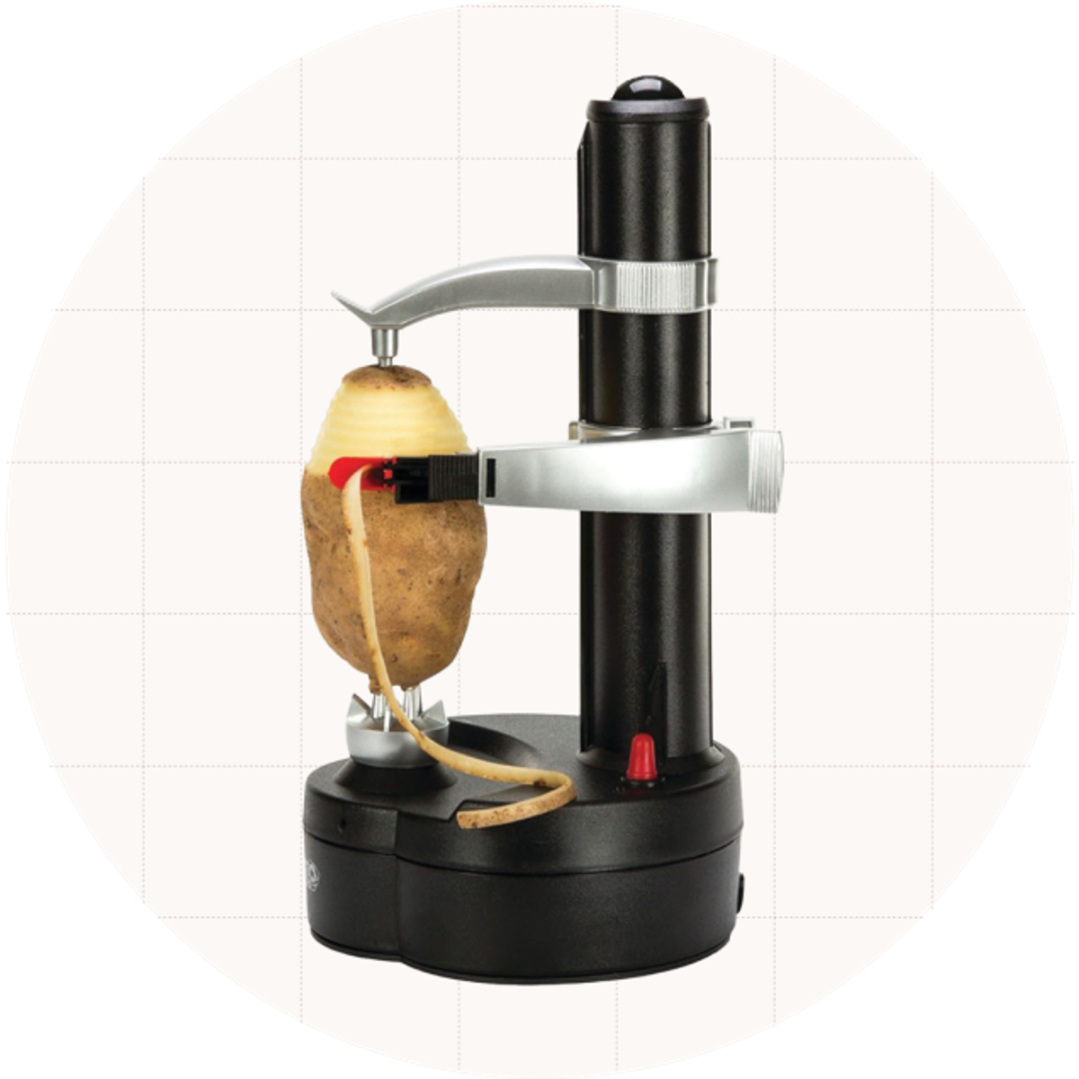The Starfrit Rotato Express Electric Peeler, which turns the potato as a blade works it way down it, removing the peel in long, thin strips.