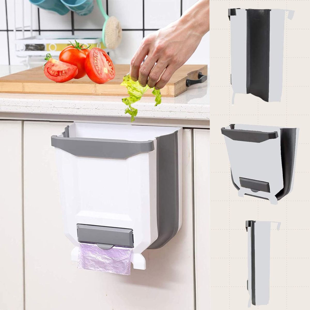 The YCOCO Hanging Kitchen Trash Can, which hangs over the door of a cabinet.