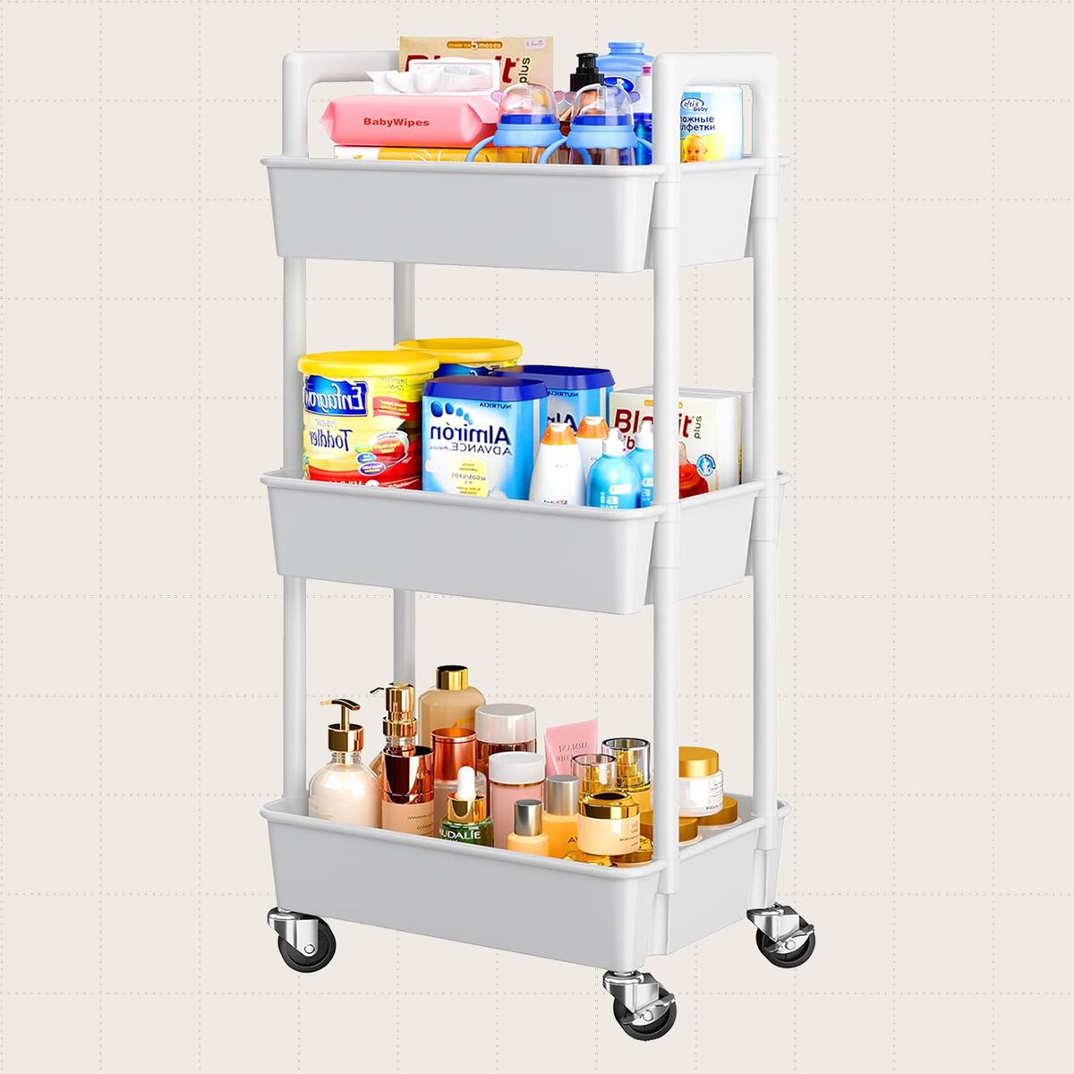 The Pipishell Three-Tier Rolling Cart Organizer, shown in white with black caster wheels.
