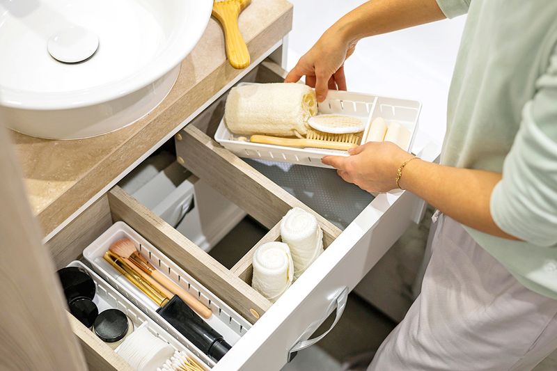 Anonymous woman adding drawer organizers to a bathroom vanity for items such as a loofah, makeup brushes, cotton rounds, and cotton swabs.