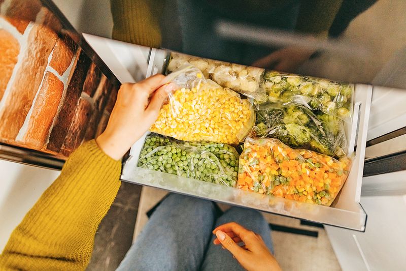 Anonymous woman reaching into a bottom freezer filled with bags of frozen vegetables.