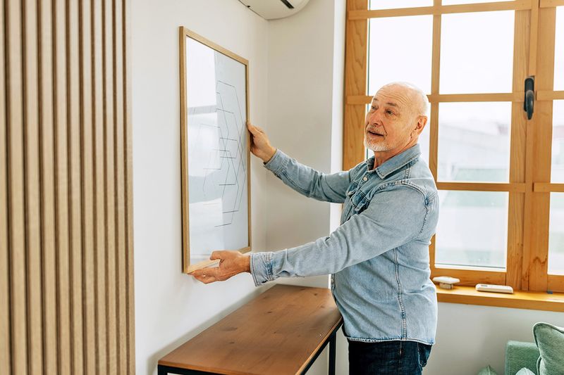 An older man hanging a large piece of art on a blank wall above a console.