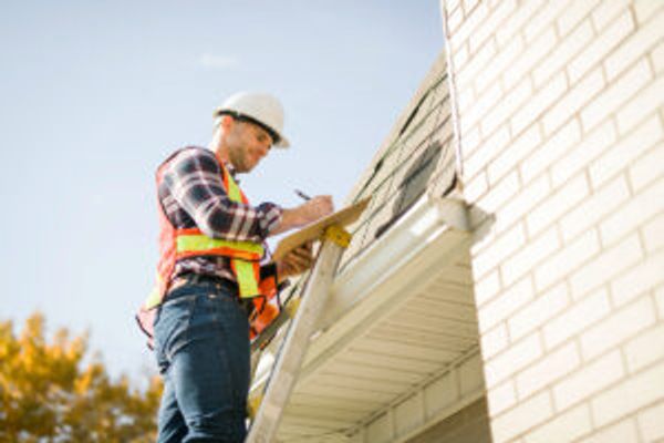 Home inspector standing on a ladder looking at a home's roof and writing down notes.