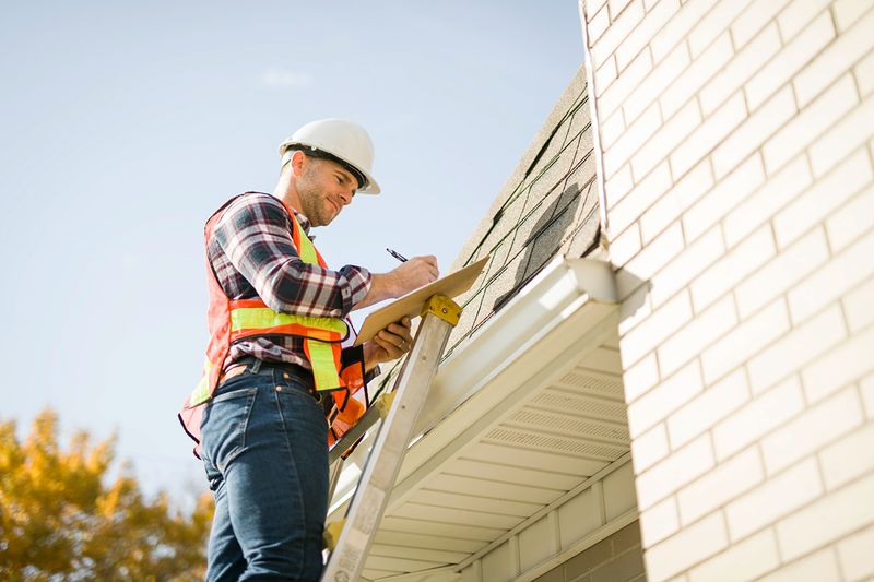 Home inspector standing on a ladder looking at a home's roof and writing down notes.