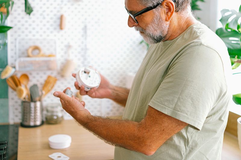 Older man inspecting a smoke detector and its battery.