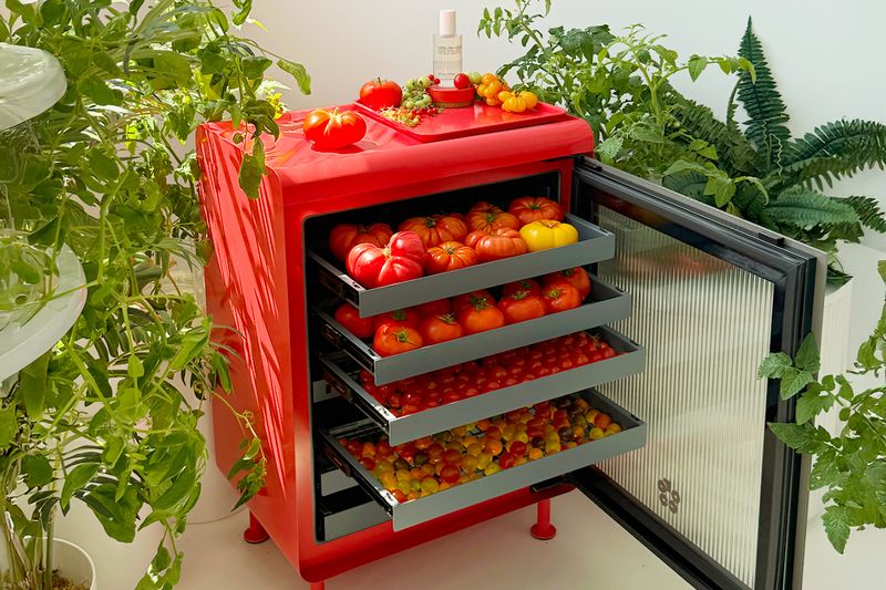 The Rocco Super Smart Fridge pictured in the color Cherry Tomato Red. The door is open and the shelves are pulled out, revealing dozens of colorful tomatoes.