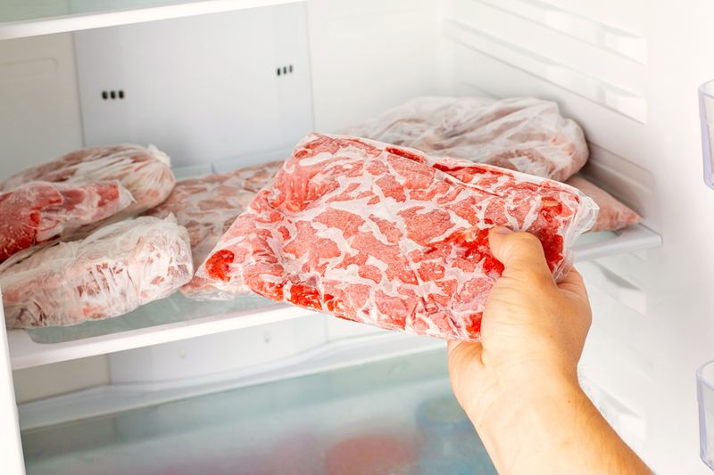 Anonymous person pulling a vacuum-sealed portion of ground meat out of the freezer to defrost.