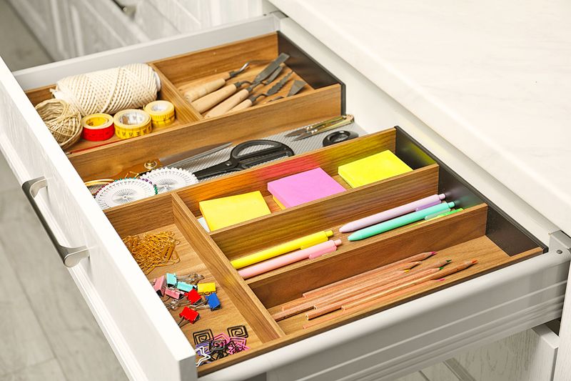 An open junk drawer that's well organized with bamboo dividers.