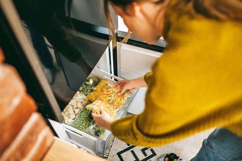 Woman in a sweater placing a bag of frozen corn, carrots, and peas into a freezer drawer.