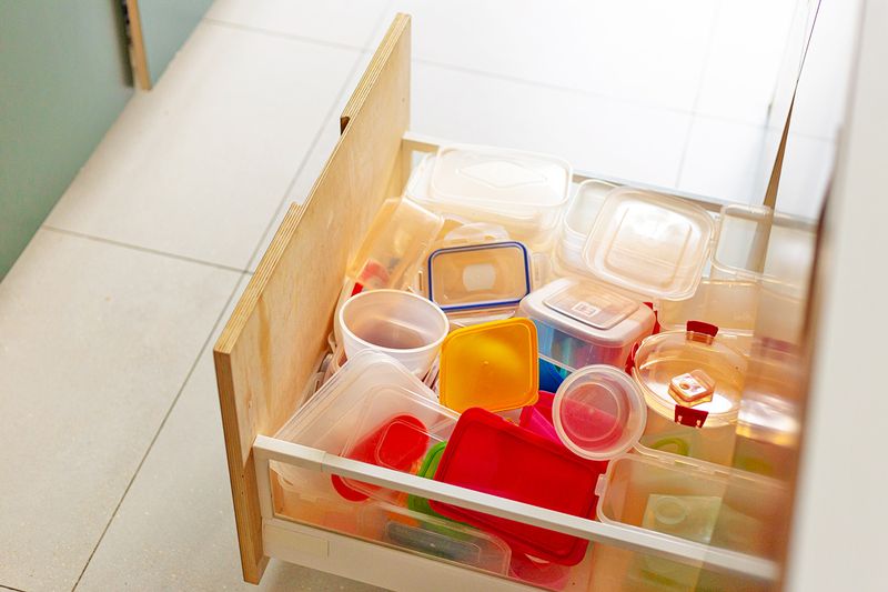 An open lower drawer in a kitchen that's filled with various food storage containers and loose lids.