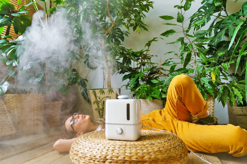 A young woman wearing yellow coveralls lying on the floor of a room filled with plants. Next to her, on a woven ottoman, is a humidifier that's spewing moisture into the air.
