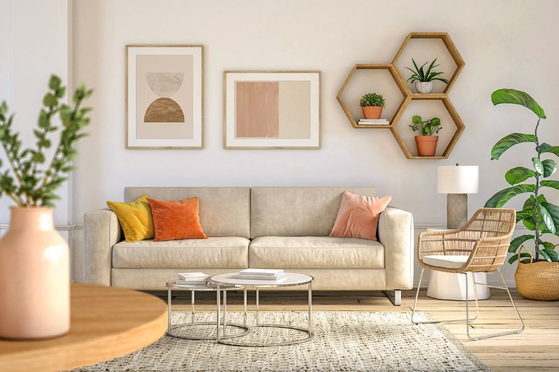 A bright, trendy living room with a mix of heavier furniture pieces and lighter ones.