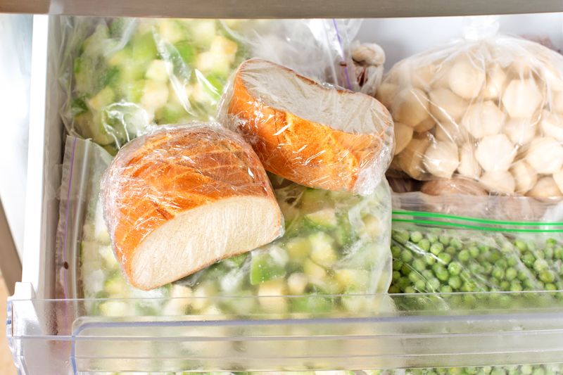 Two partially-consumed loaves of bread in a freezer drawer alongside frozen vegetables.