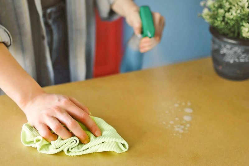 Anonymous person spraying a solution from a cleaning bottle onto a countertop. Under their other hand is a microfiber cleaning cloth.