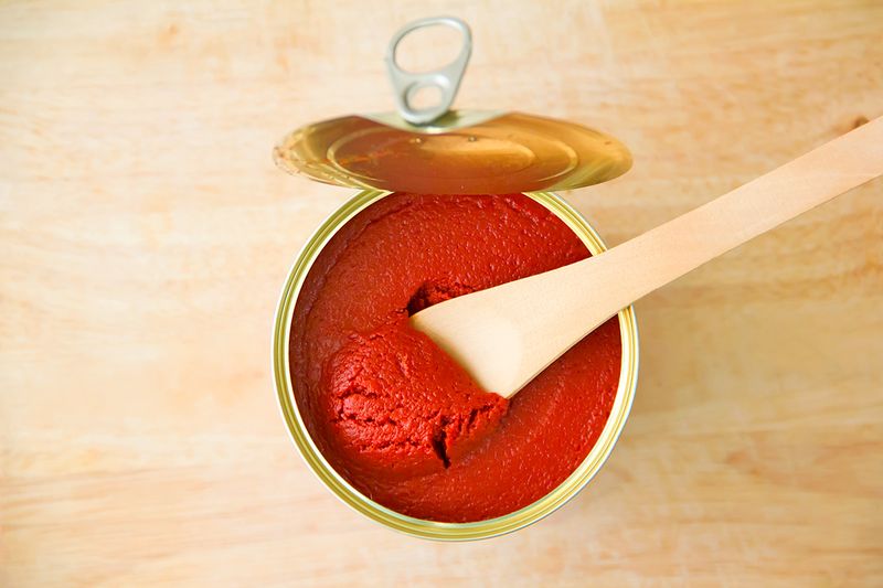 A wooden spoon in an open can of tomato paste.