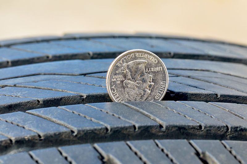 A close-up of an upside down quarter in the treads of a tire.