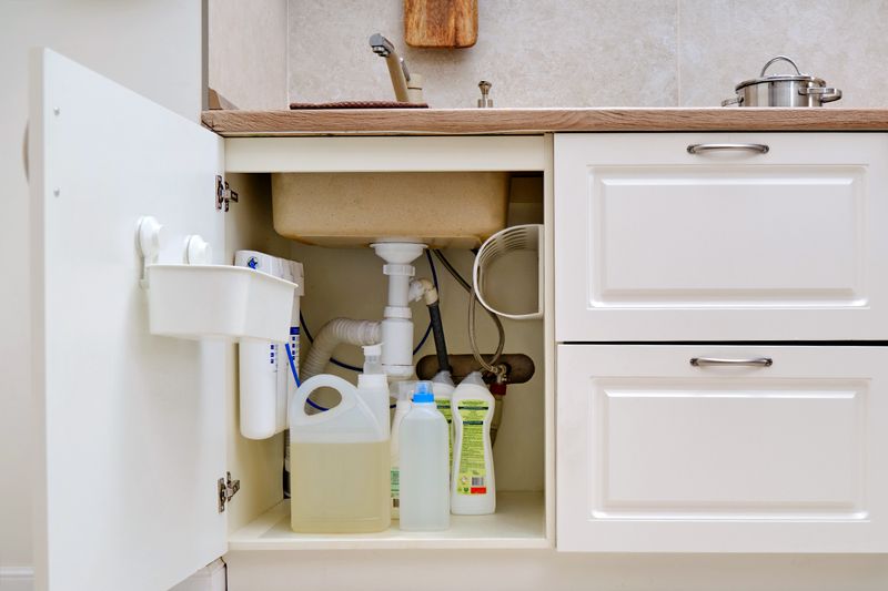 An open cabinet under a kitchen sink filled with various cleaning products.