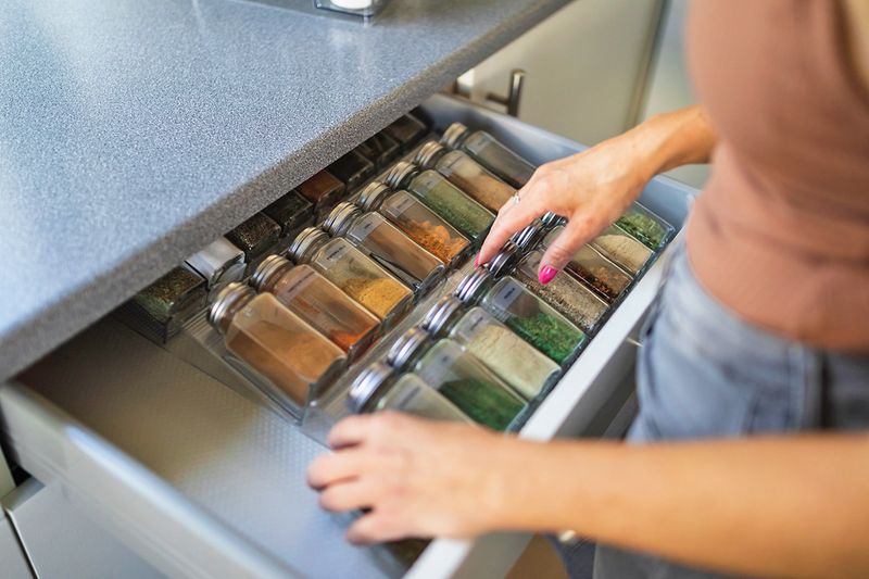 Anonymous woman opening a kitchen drawer that houses a spice collection on slanted tiers.