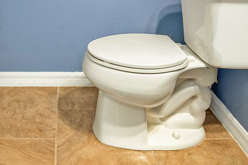 A side view of a toilet with the lid closed, showing the space between the base of the toilet and the wall.