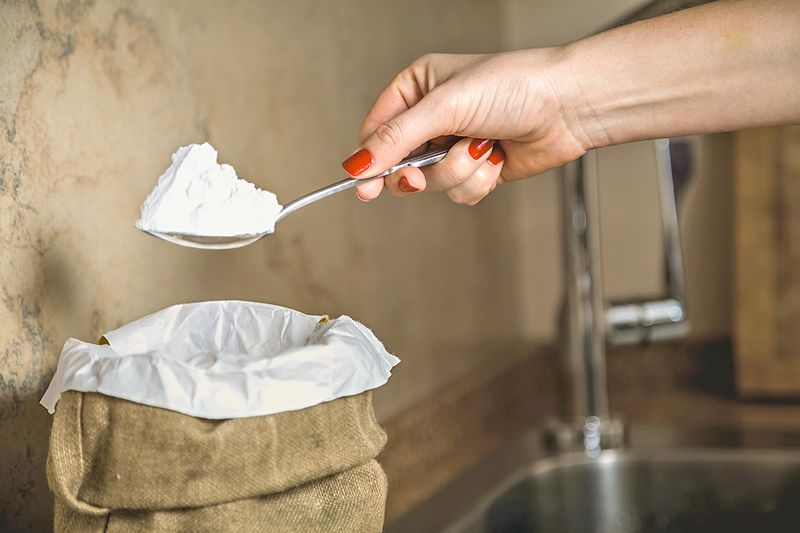 Anonymous person scooping a spoonful of flour out of a bag next to a stainless steel sink.