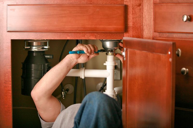 Anonymous man working on plumbing in a cabinet under the kitchen sink.