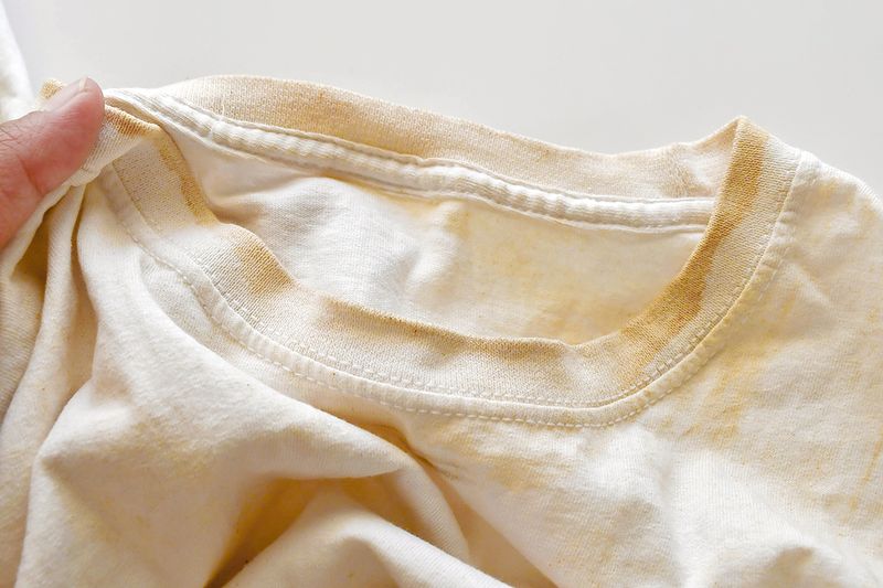 Anonymous person holding a heavily stained white T-shirt. The staining is yellow-brown and around the collar.