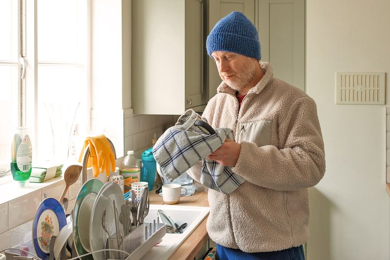 A man hand-drying a tumbler with a blue and white kitchen towel.