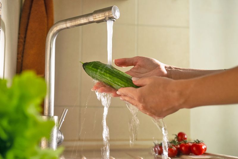 Anonymous person rinsing a cucumber under running water from a faucet.