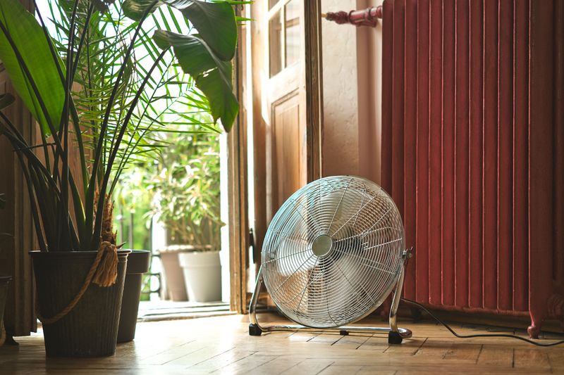 A round fan placed on the floor near an open door.