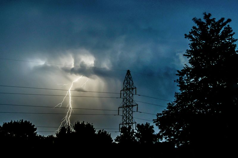 An evening thunderstorm photographed outside. Lightning is striking a tree near some power lines.