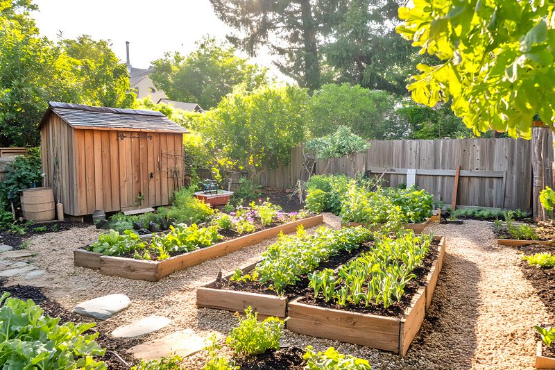 A fenced-in gravel garden with raised beds, in-ground beds, and a wooden shed.