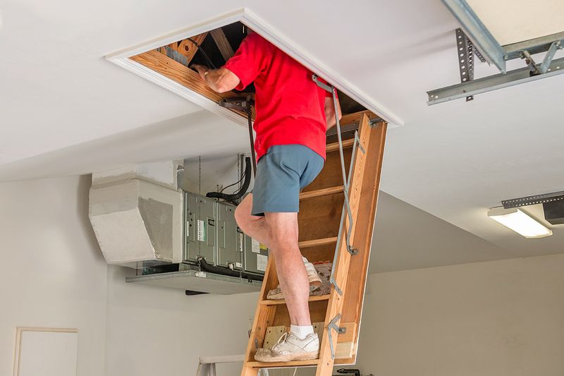 Person in red shirt and shorts standing on ladder leading up to attic with head obscured.