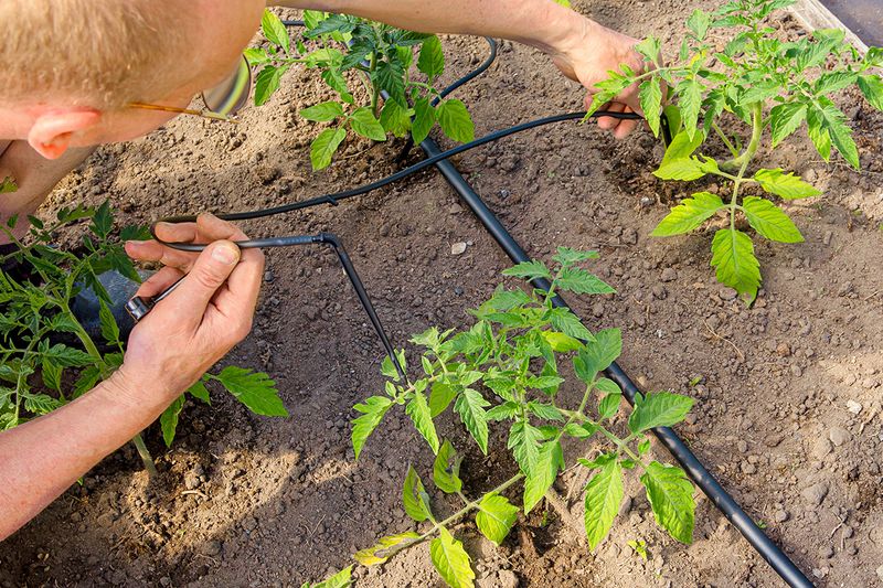 Person installing water drip system in home vegetable garden